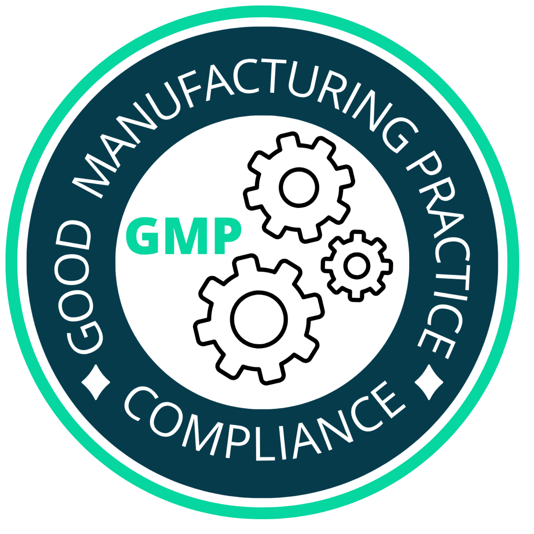 Good Manufacturing Practice (GMP) compliance logo with gears and text on a white background