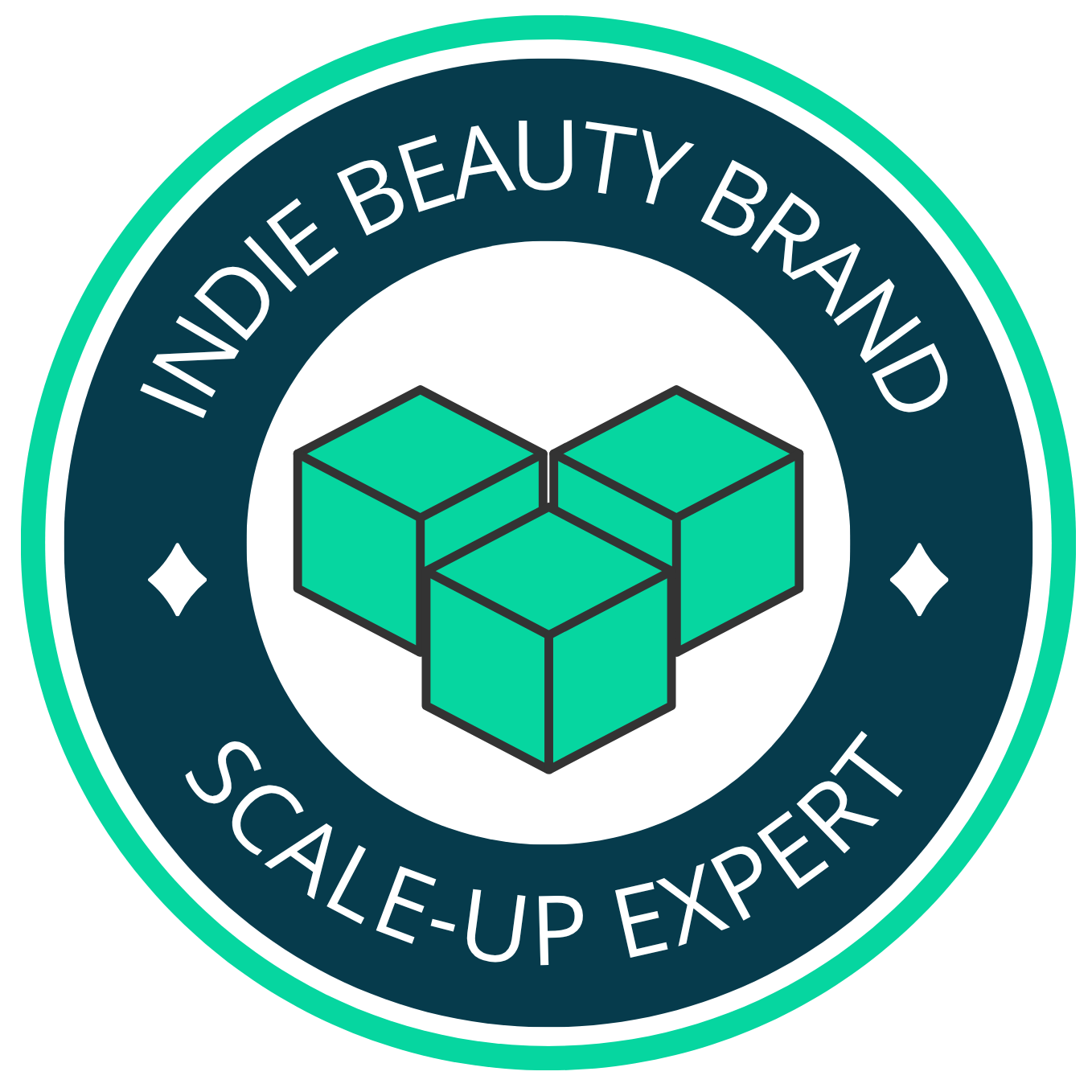 Logo for an indie beauty brand scale-up expert with green and blue design on a white background