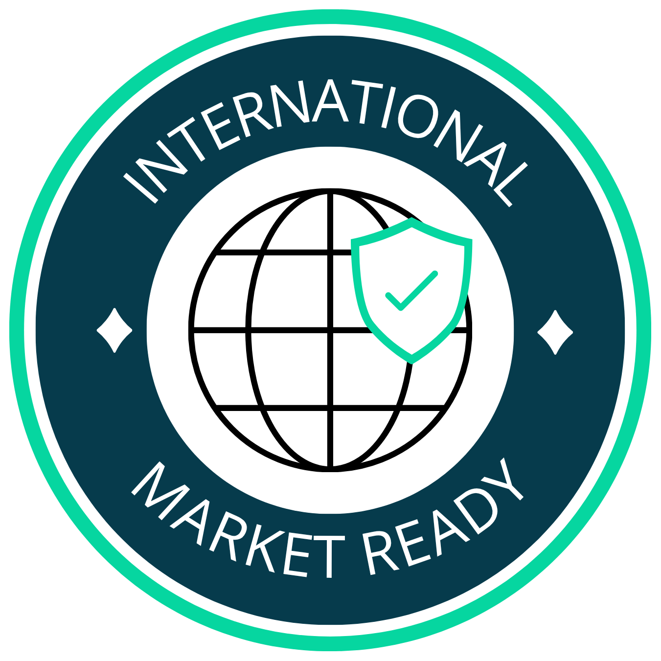 Logo with 'International Market Ready' text and globe design on a white background